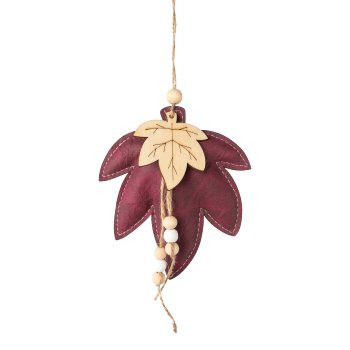 Leather maple leaf hanger w.decoration, 11x2,5x13cm, bordeaux