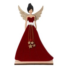Wood angel lady in dress w.fabric applications, 15x5x22,5cm, bordeaux