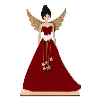 Holz Engel Lady im Kleid m.Stoffapplikationen, 19x6x29cm, bordeaux
