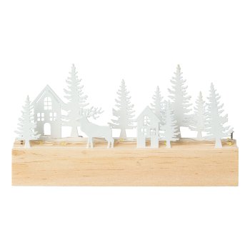Metall Landschaft auf Holzblock Ensemble m.LED, 18x3,5x10cm, weiß