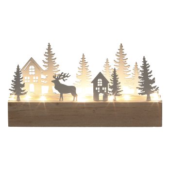Metall Landschaft auf Holzblock Ensemble m.LED, 18x3,5x10cm, weiß