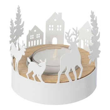 Metal wreath with wooden inlay tealight holder WINTER, 7x7x7cm, white