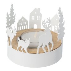 Metal wreath with wooden inlay tealight holder WINTER, 7x7x7cm, white