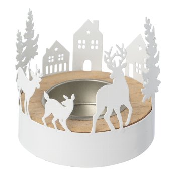 Metal wreath with wooden inlay tealight holder WINTER, 7x7x7cm, white