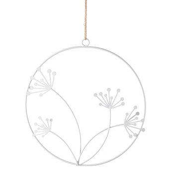 Metal wire ring hanger w.flower decor, 22x0,5x32cm, White