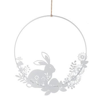 Metal wire ring hanger with rabbit decoration, 28x0.5x37cm, white