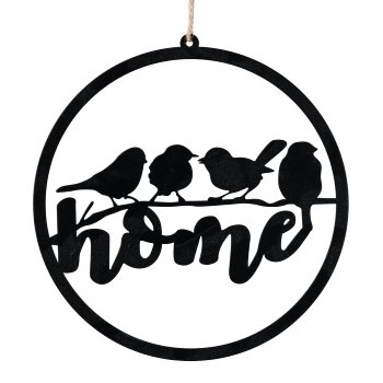 Metal wire ring hanger HOME with bird decoration, 22x22cm, black