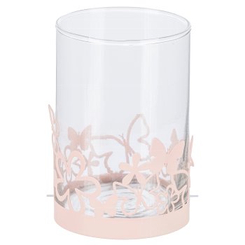 Metal Tealight w.Butterfly Decoration w.Glass, 8x8x12cm, Apricot
