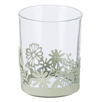 Metal Tealight w.Flower Decor w.Glass, 7x7x8cm, Light Green