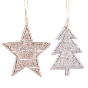 Filz Weihnachtshänger, 2fa.so. Stern/Baum, m.Motiv 10x11cm, Dunkelbraun