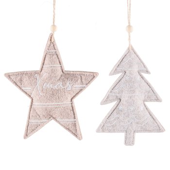 Felt Christmas hanger, 2assorted star/tree, w.motif 14x16cm, dark brown