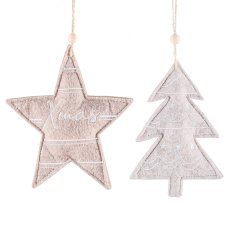 Felt Christmas hanger, 2assorted star/tree, w.motif 14x16cm, dark brown