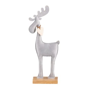 Imitation leather deer, on wooden base 28x11x5cm, light grey