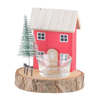 Wooden house, landscape, w.tealight glass, 2 assorted 12x9x9cm, red