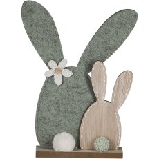 Felt rabbit pair, on wooden base, 22x5x13cm, green