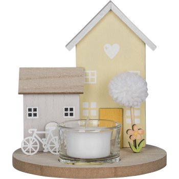 Wooden decorative house, on base, with tealight holder, 13x13x14cm, yellow