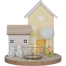 Wooden decorative house, on base, with tealight holder, 13x13x14cm, yellow