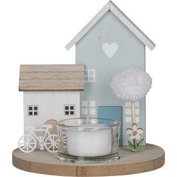 Wooden decorative house, on base, with tealight holder, 13x13x14cm, blue