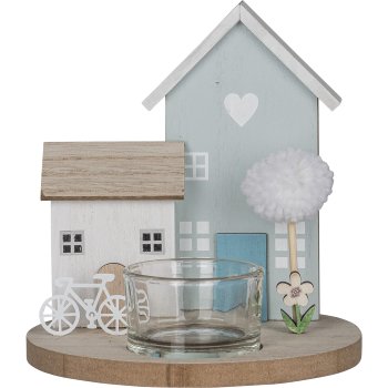 Wooden decorative house, on base, with tealight holder, 13x13x14cm, blue