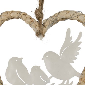 Natural heart pendant with metal birds, 13x16cm, natural