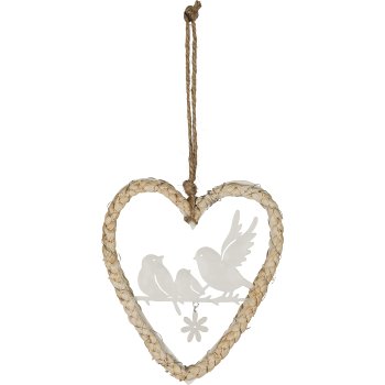 Natural heart pendant with metal birds, 13x16cm, natural