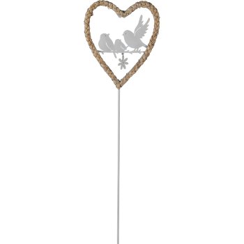 Natur Herz Stecker, mit Metall Vögeln, 13x16cm/+40cm Stecker, natur