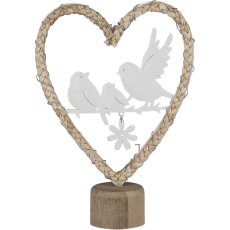 Natur Herz auf Fuß, mit Metall Vögeln, 12x6x18cm, natur