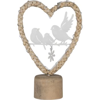 Nature heart on base, with metal birds, 16x6x24cm, natural