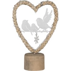 Nature heart on base, with metal birds, 16x6x24cm, natural