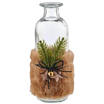 Glass bottle vase with fur/wood decoration, 16x6x6cm, beige