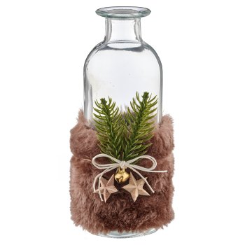 Glass bottle vase with fur/wood decoration, 16x6x6cm, dark brown