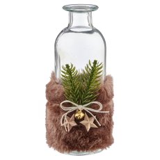 Glas Flaschenvase mit Fell/Holz Deko, 16x6x6cm, dunkelbraun