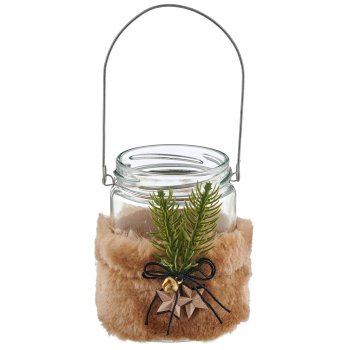 Glass jar with fur/wood decoration, 8x8x11cm, beige