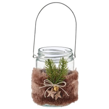 Glasgefäß mit Fell/Holz Deko, 8x8x11cm, dunkelbraun