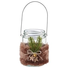 Glass jar with fur/wood decoration, 8x8x11cm, dark brown