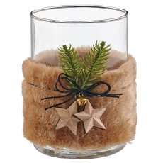 Glass jar with fur/wood decoration, 10x10x13cm, beige