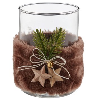 Glass jar with fur/wood decoration, 10x10x13cm, dark brown