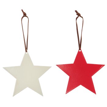 Metal hanger star with leather strap, 10x10cm, red, 6/Box