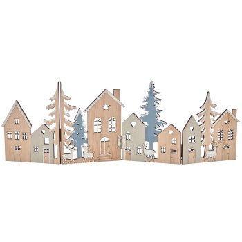 Holz Häuser Landschaft, klappbar, 44x16cm, blau