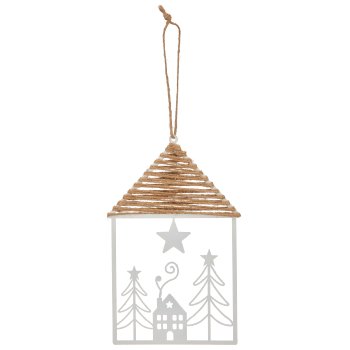 Metal hanger house with jute roof, 12x19cm, white