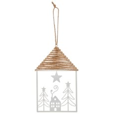 Metal hanger house with jute roof, 12x19cm, white