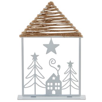 Metal house standing with jute roof, 13x3x19cm, white