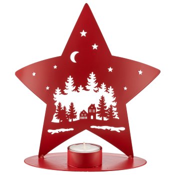 Metal star on foot with tealight, landscape motif, 17x8x19cm, red