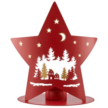 Metal star on foot with tealight, landscape motif, 17x8x19cm, red