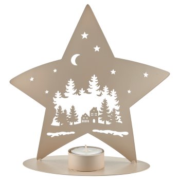 Metal star on foot with tealight, landscape motif, 17x8x19cm, almond