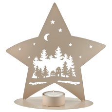 Metal star on foot with tealight, landscape motif, 17x8x19cm, almond