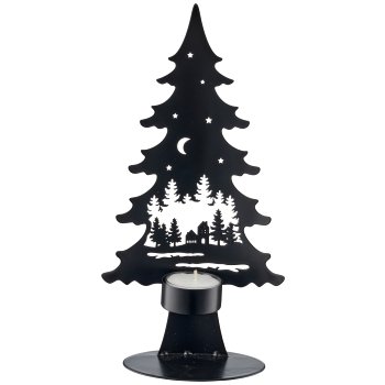 Metal tree on base with tealight, landscape motif, 13x6.5x25cm, black
