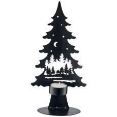 Metal tree on base with tealight, landscape motif, 13x6.5x25cm, black