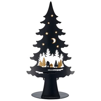 Metal tree on base with tealight, landscape motif, 13x6.5x25cm, black