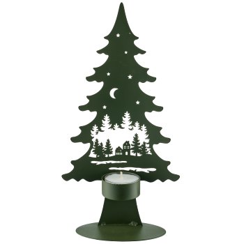Metallbaum a.Fuß mit Teelicht, Landschaftsmotiv, 13x6,5x25cm, dunkelgrün